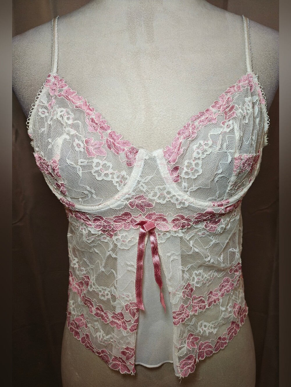 💕💋Vtg 1983 Romantic Coquette Sheer White & Pink Floral Lace Corset Bustier Top